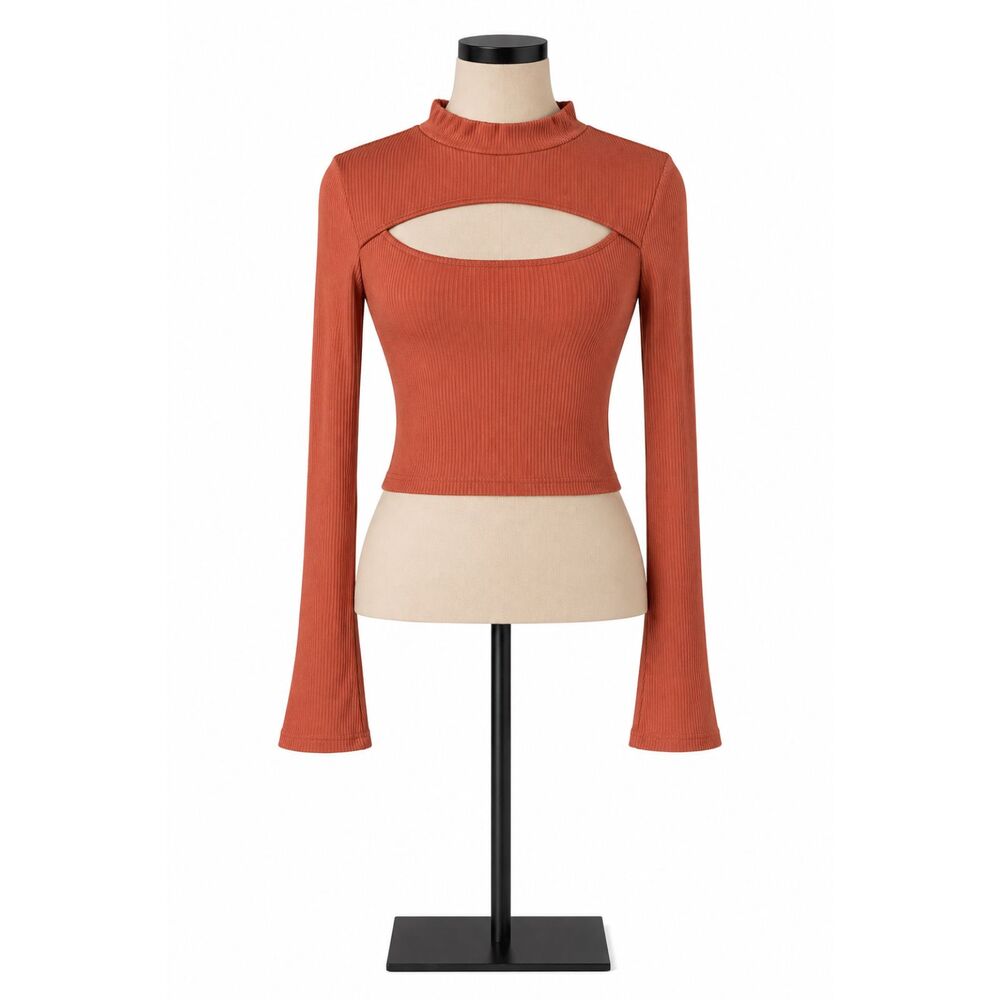 Timing Rust Ribbed Cutout Mock Neck Long Sleeve Crop Top Size XL